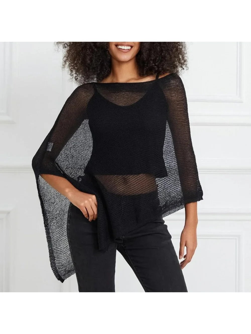 Women's Black Sheer Poncho Top Knit Crochet Lightweight See Through Shawl